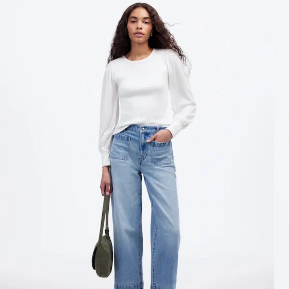 Madewell Ribbed Puff‎ Sleeve Top White Long Sleeve S Cotton